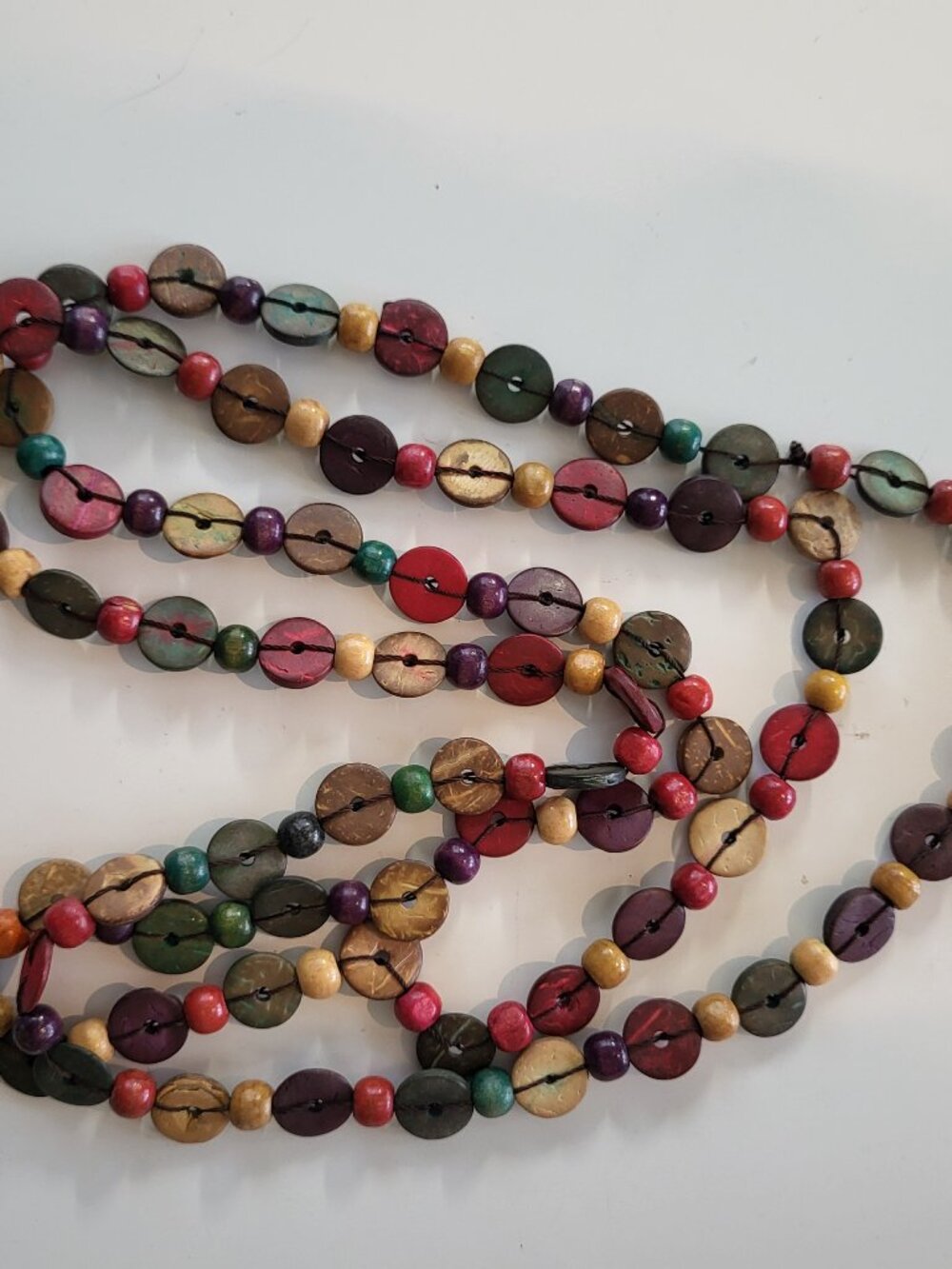 Vintage Boho Multi-Colored Wooden Disc Button Bead Necklace 30-Inch 1970s Hippie